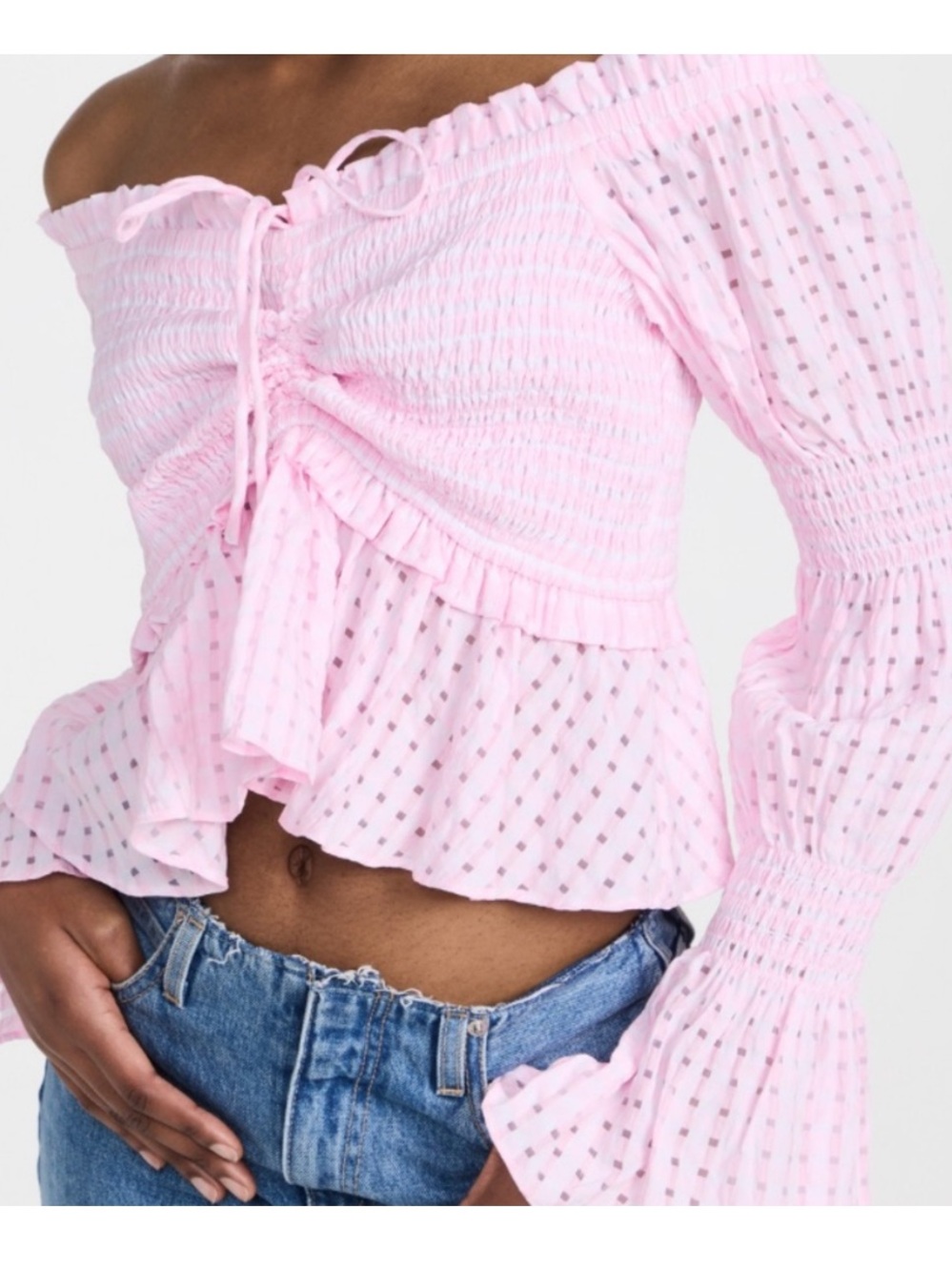 English factory off the shoulder smocked pink top bell sleeves NWOT SZ XS